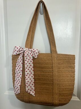 Draper James Tan Woven Tote with Cherry Scarf